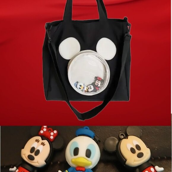 Black Bag White Mickey Head Clear Pocket Includes Mickey Minnie & Donald Figures - Picture 1 of 13